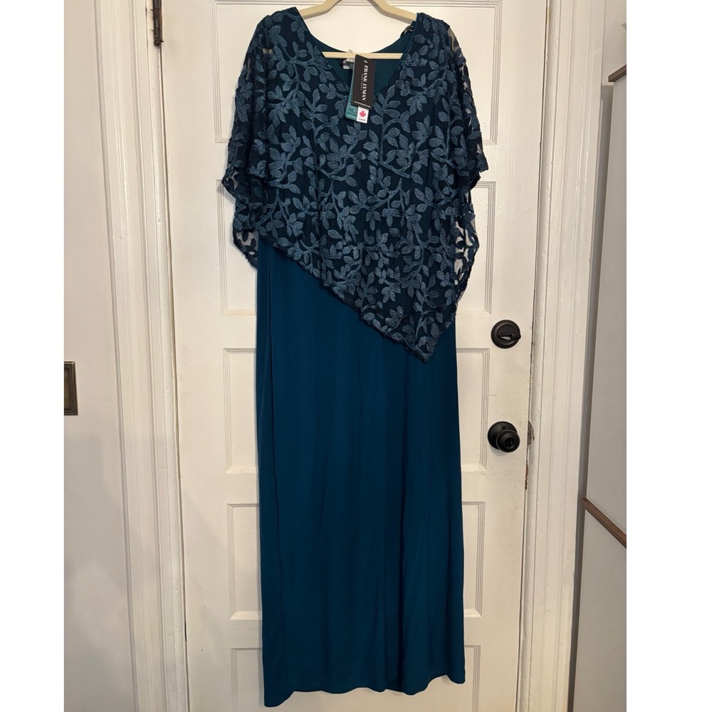 Frank Lyman Design Teal Maxi Dress with Floral Lace Cape